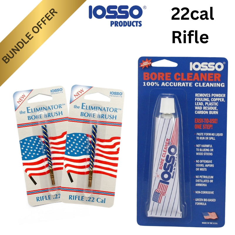 IOSSO Products 22cal Rifle cleaning bundle with bores brush and cleaner on a white background