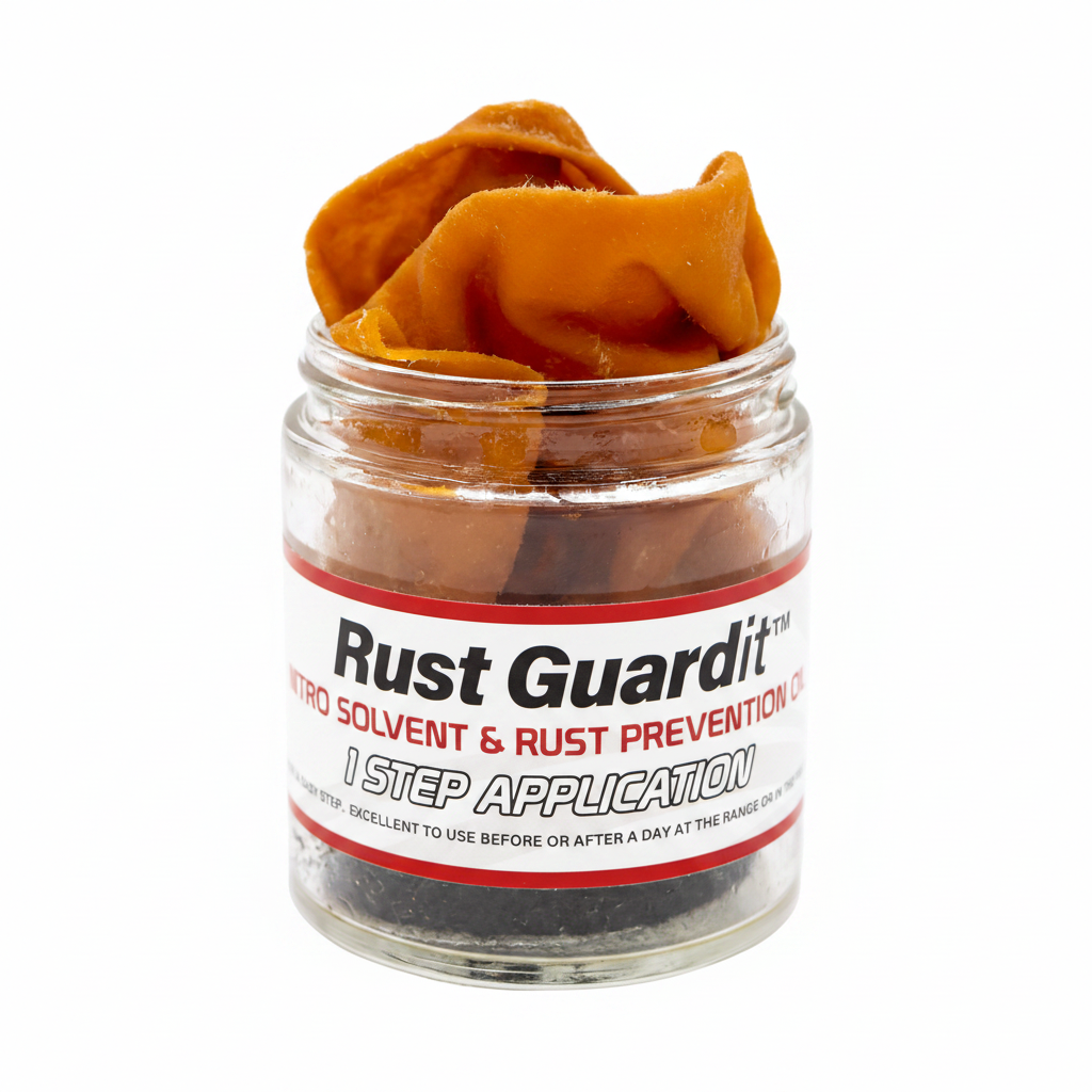 Jar of Rust Guardit with a cloth on top, labeled as a rust preventive product.
