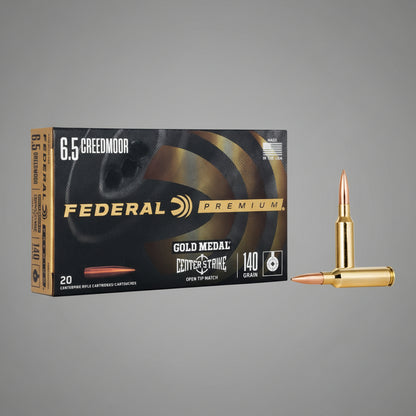 Federal Premium Gold Medal Centerfire rifle cartridge packaging with a bullet on a white background