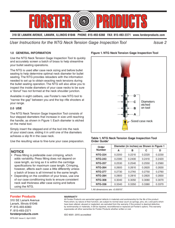 User instructions for the NTG Neck Tension Gage Inspection Tool by Forster Products.