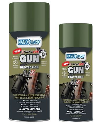 Two cans of NanoGuard GLP-X Gun Protection spray, shown side by side against a plain white background. The cans are olive green with black and white labels featuring product details.