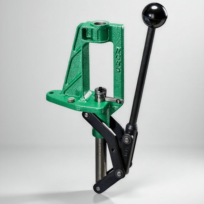 Green and black RCBS reloading tool on a white background
