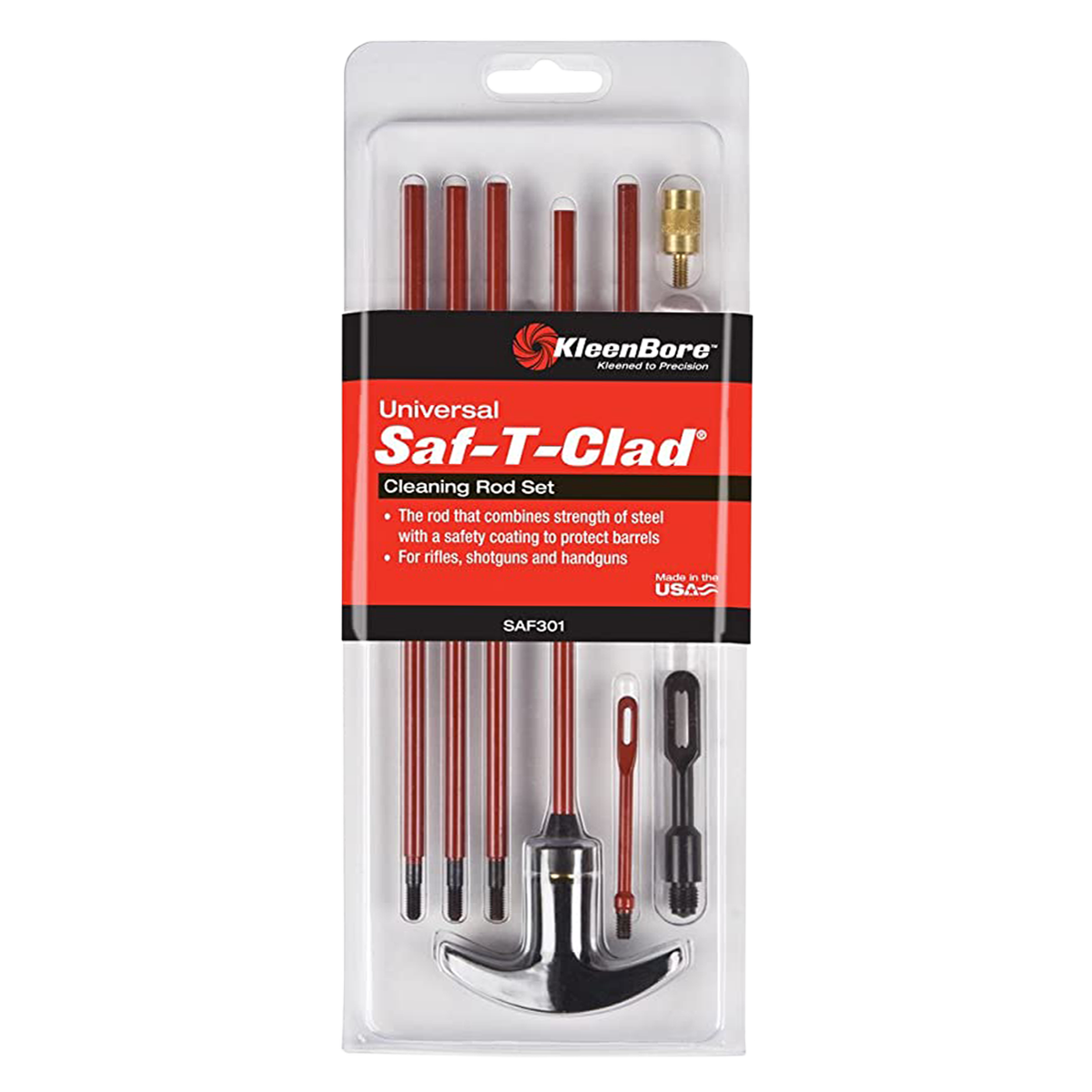 KleenBore Universal Saf-T-Clad Cleaning Rod Set in retail blister packaging, containing multiple red-handled rods and a hammer tool.