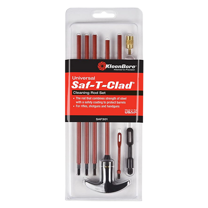KleenBore Universal Saf-T-Clad Cleaning Rod Set in retail blister packaging, containing multiple red-handled rods and a hammer tool.