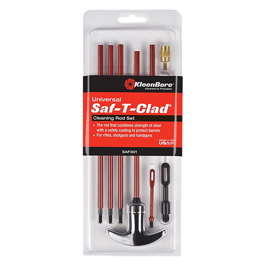 KleenBore Universal Saf-T-Clad Cleaning Rod Set in retail blister packaging, containing multiple red-handled rods and a hammer tool.