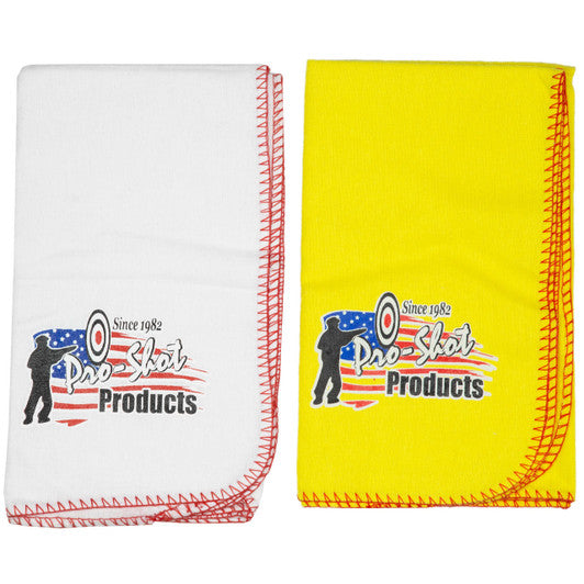 Two fabric cloths, one white and one yellow, with Pro-Shot Products logo.